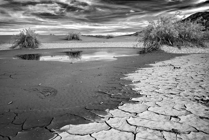 Death Valley, Crusted Mud, Water, Clouds