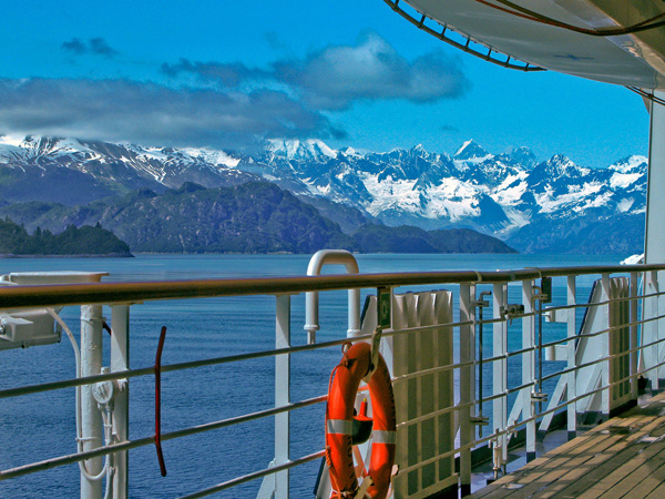 Glacier Bay seen over the railing of a ship