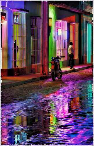 Neon colored buildings and reflection