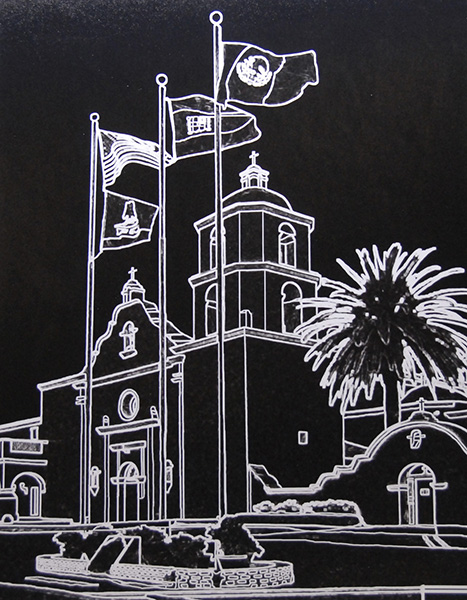 Front Exterior of Mission, white outlines on black background