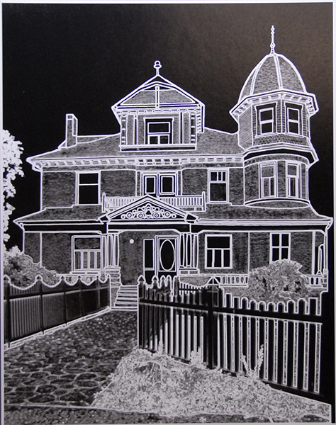 White on black outline of a Victorian Mansion