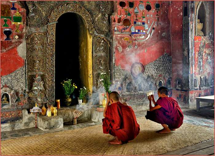 Two Young Buddhist Novices in Red Robes